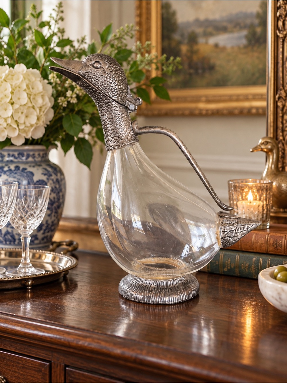 Silver Plate Duck Wine Decanter Claret Jug Figural Bird Glass Barware